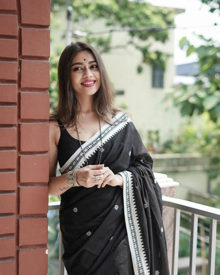 Black Handloom Pure Cotton Solid Border Design