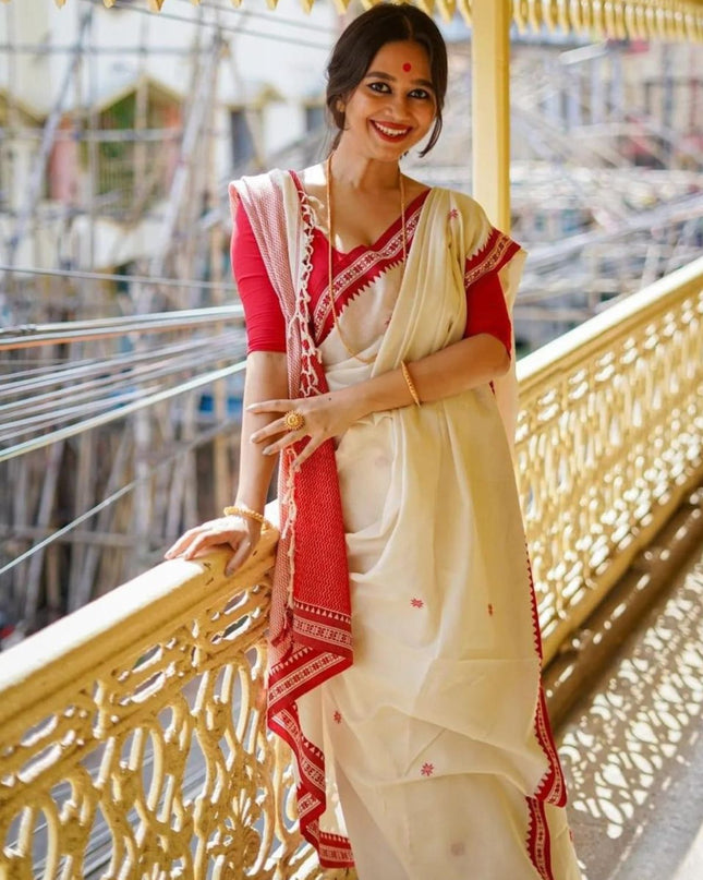 White Handloom Pure Cotton Solid Border Design