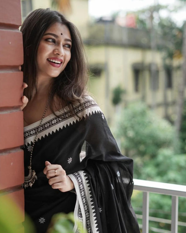 Black Handloom Pure Cotton Solid Border Design