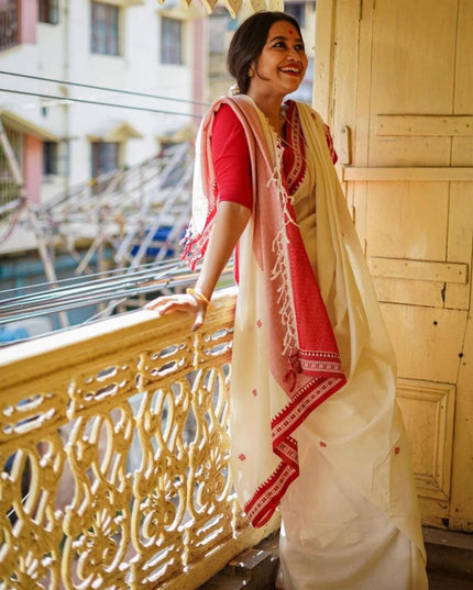 White Handloom Pure Cotton Solid Border Design