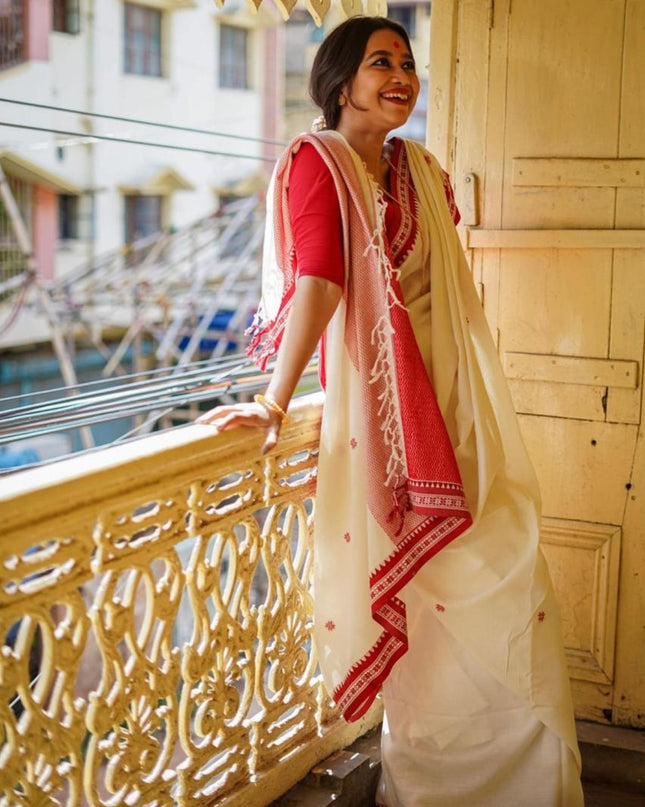 White Handloom Pure Cotton Solid Border Design