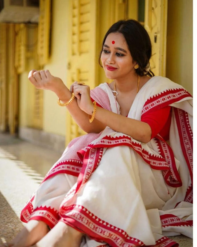 White Handloom Pure Cotton Solid Border Design