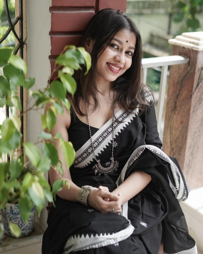 Black Handloom Pure Cotton Solid Border Design