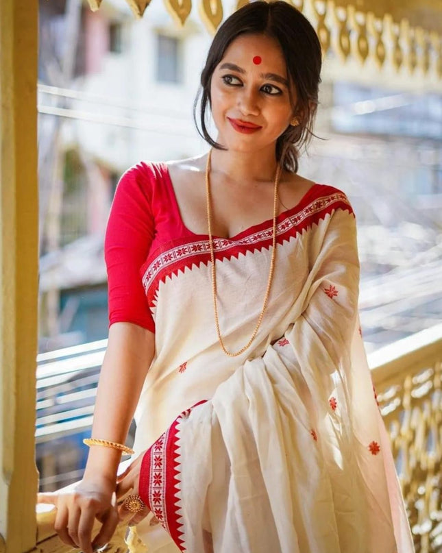 White Handloom Pure Cotton Solid Border Design