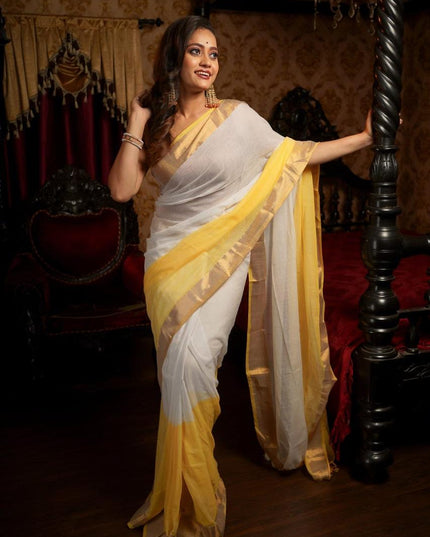 Yellow Mal Cotton Tested Zari Design Saree