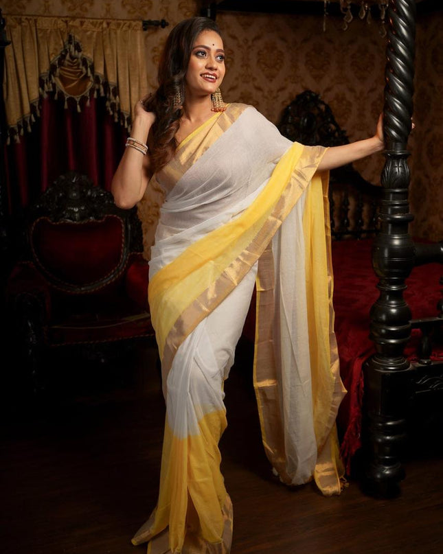 Yellow Mal Cotton Tested Zari Design Saree