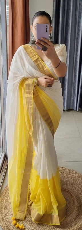Yellow Mal Cotton Tested Zari Design Saree