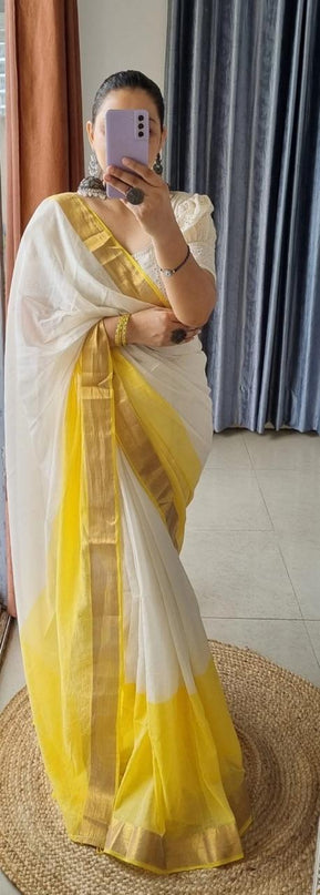 Yellow Mal Cotton Tested Zari Design Saree