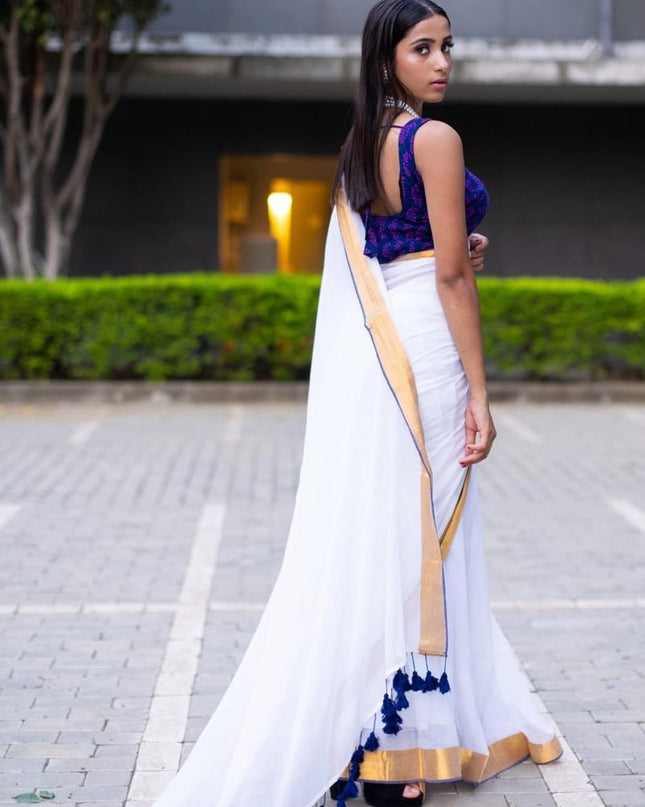 White Mal Cotton Tested Zari Design Saree