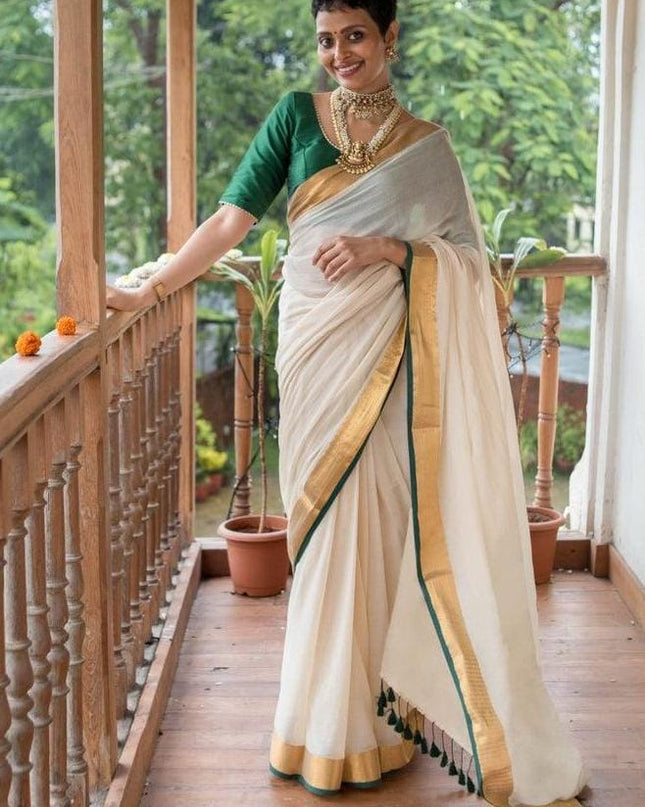 Green Mal Cotton Tested Zari Design Saree