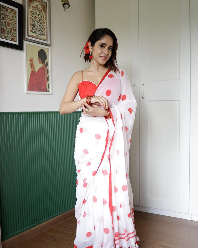 Red dots Handloom Pure 120 Count Mul Cotton