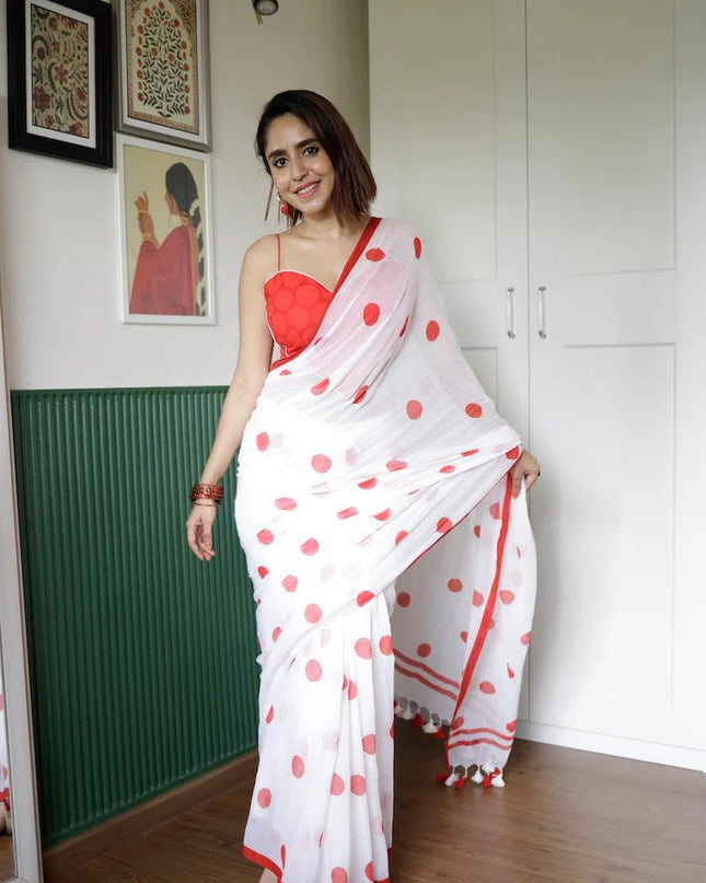 Red dots Handloom Pure 120 Count Mul Cotton
