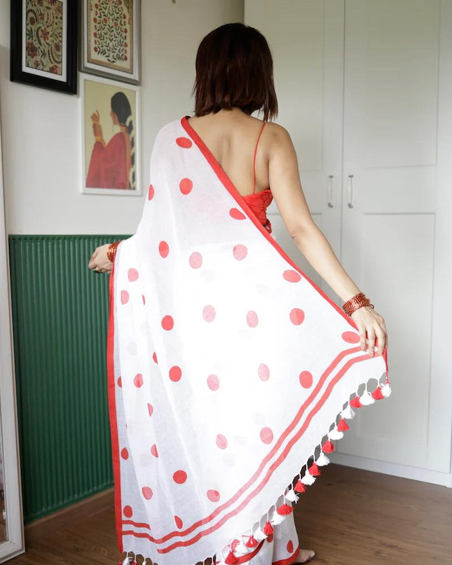 Red dots Handloom Pure 120 Count Mul Cotton