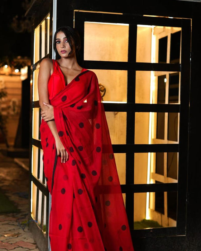 Handloom Pure 120 Count Mul Cotton Dots Saree