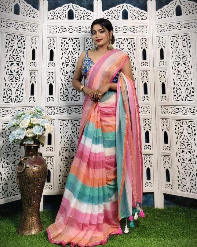Mul Cotton Work Rainbow Design Saree