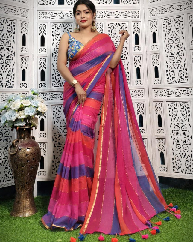 Mul Cotton Work Rainbow Design Saree