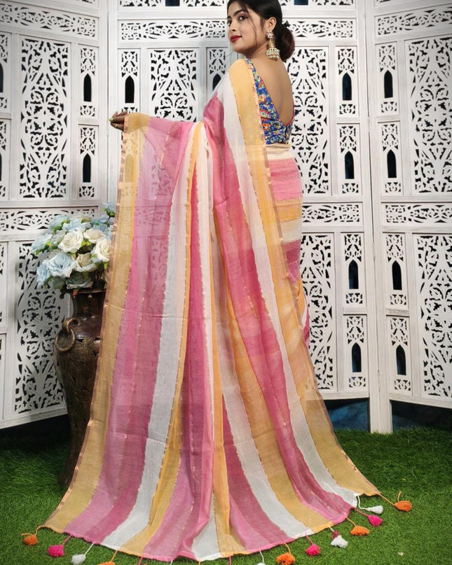 Mul Cotton Work Rainbow Design Saree