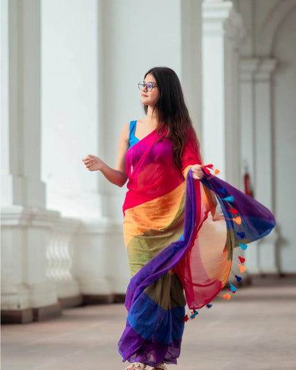 Cotton Work Rainbow Design Saree