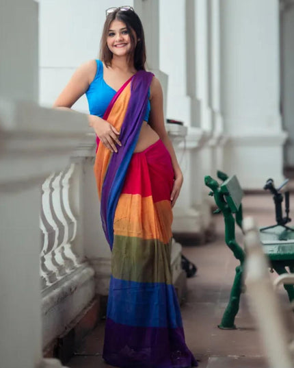 Cotton Work Rainbow Design Saree