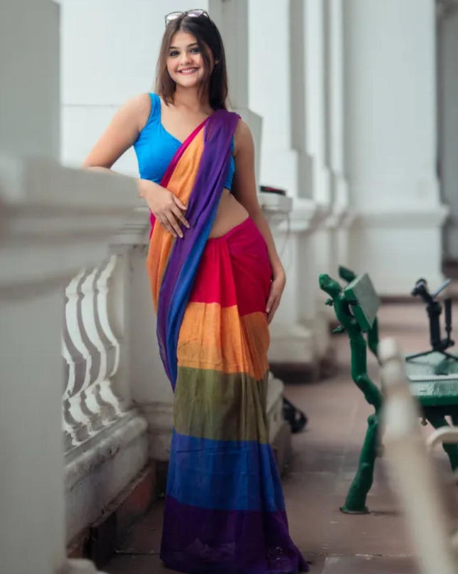 Cotton Work Rainbow Design Saree