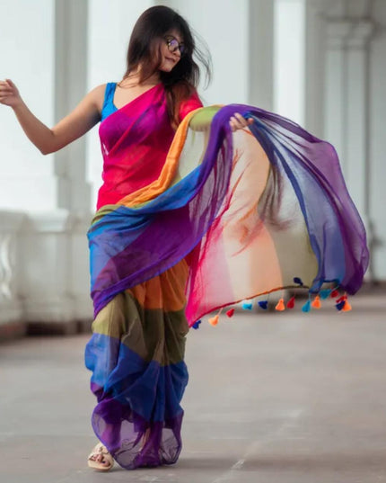 Cotton Work Rainbow Design Saree