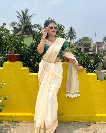 Gold Zari Work Handloom Pure Mul Cotton