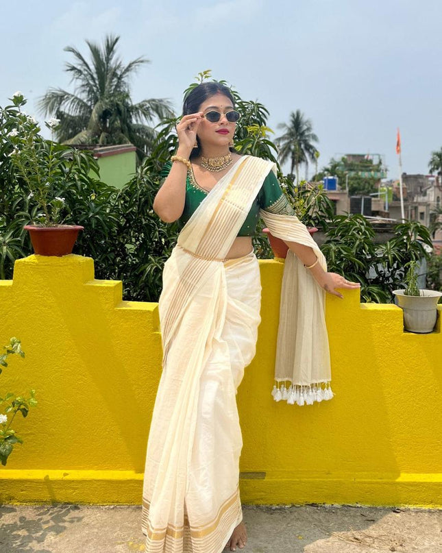 Gold Zari Work Handloom Pure Mul Cotton